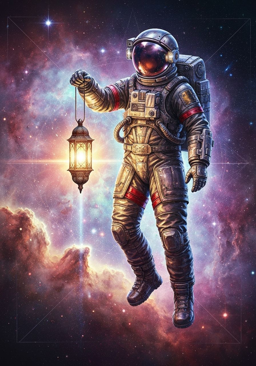 Astronaut in Nebula with Ethereal Lantern