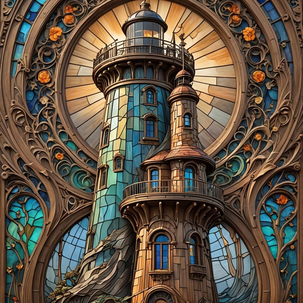 Art Nouveau Lighthouse Wood Carving in Stained Glass Style