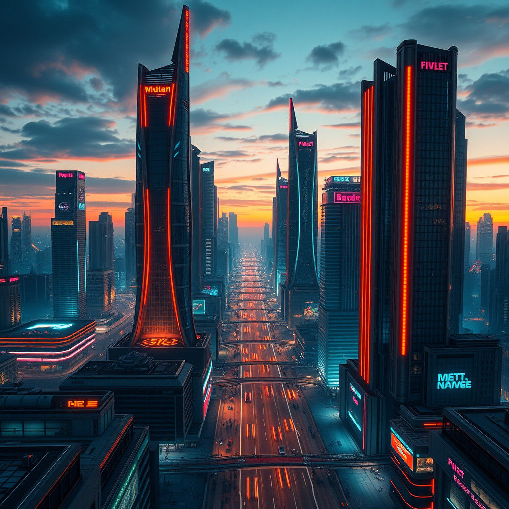 Futuristic Cityscape at Dusk in Splash Art Style