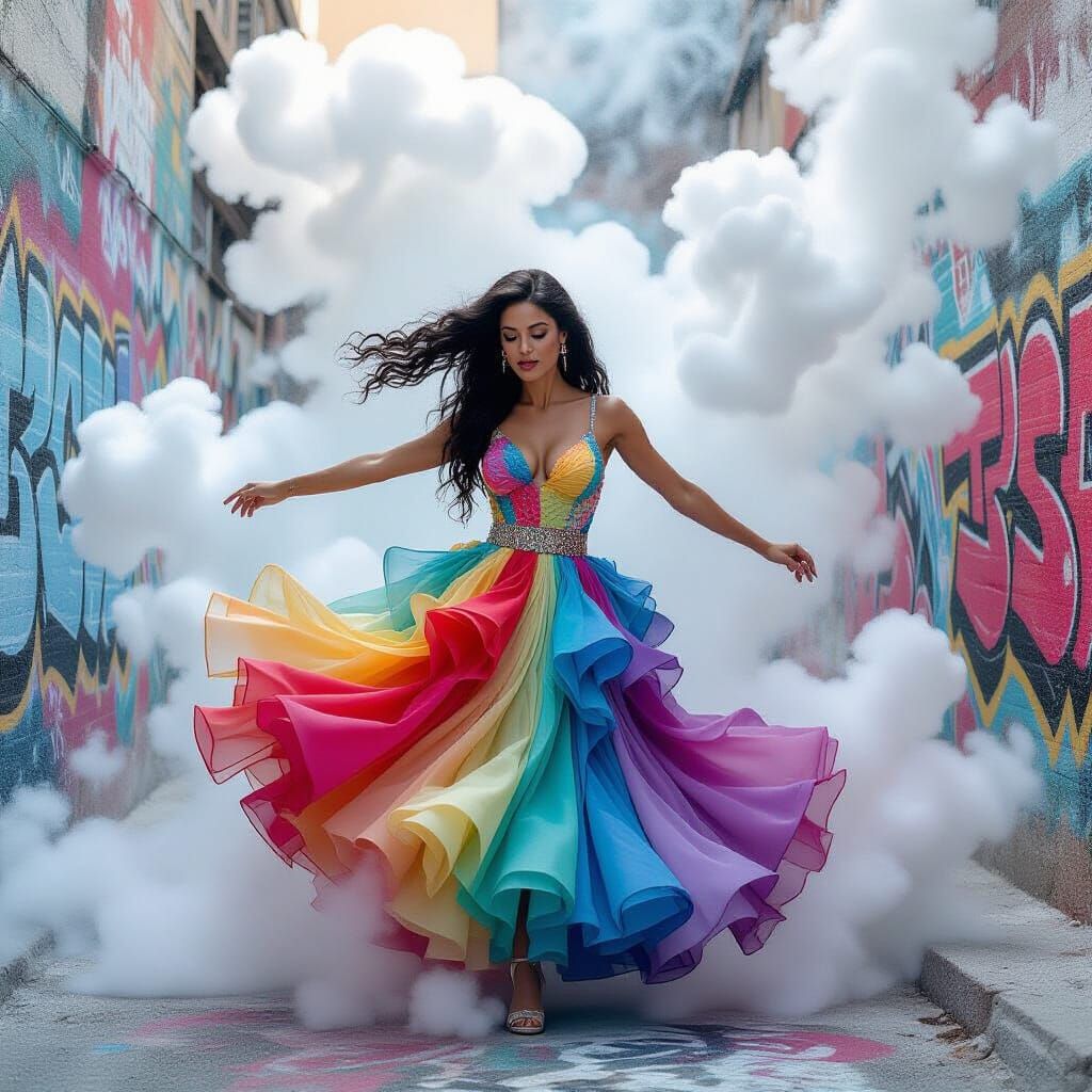 Woman Dancing in Polychromatic Smoke Dress