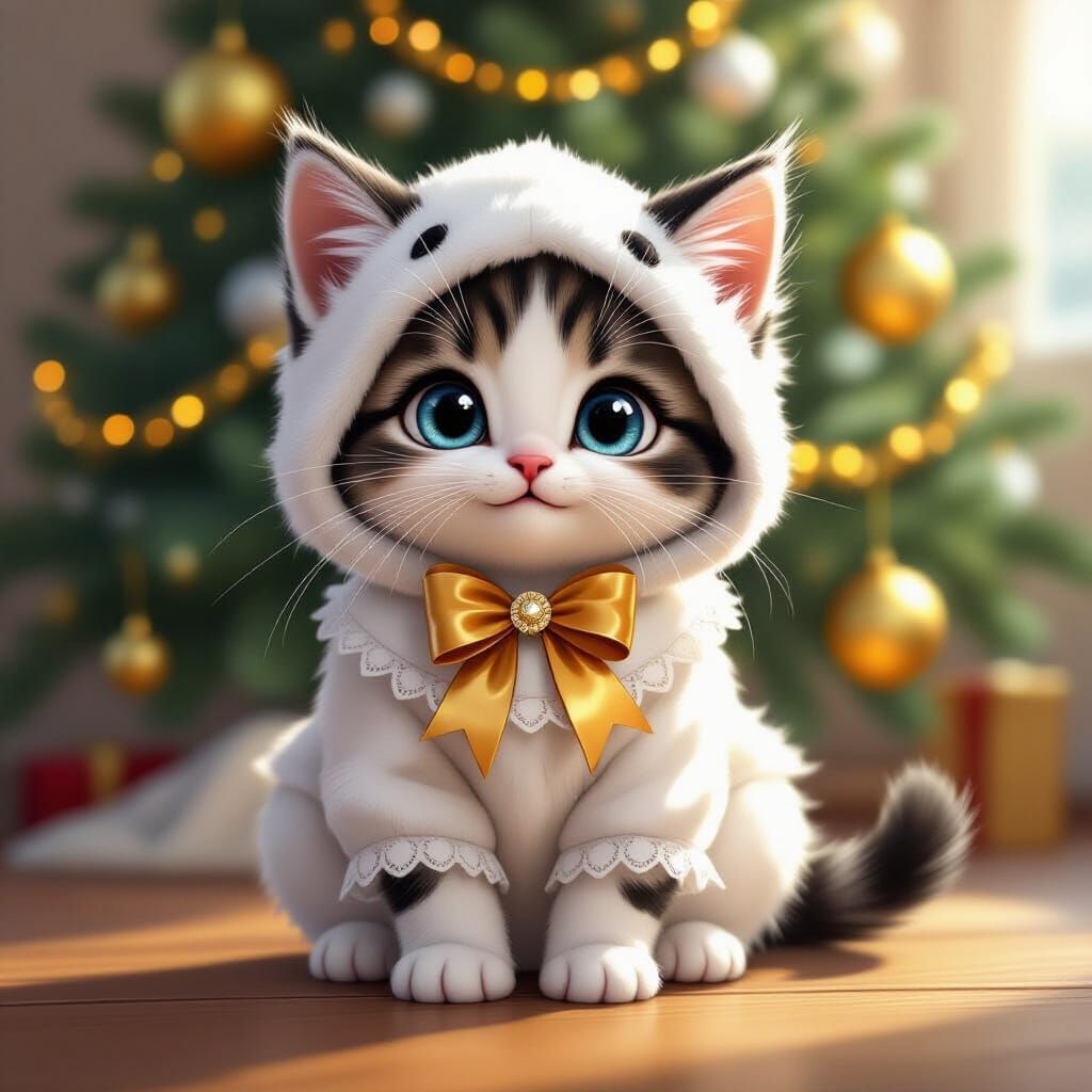 Charming Kitten in Fur Outfit, Christmas Setting