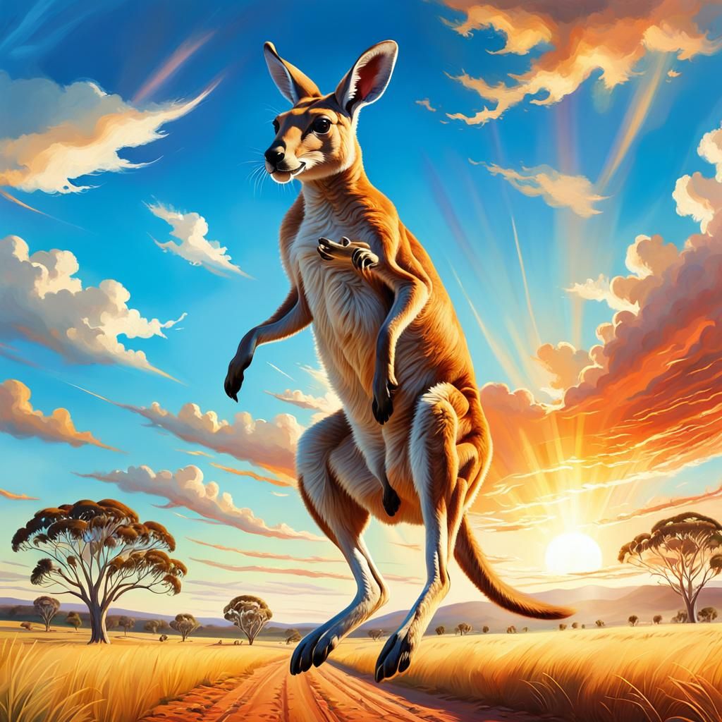 Kangaroo Leaping in Australian Landscape, Oil Painting