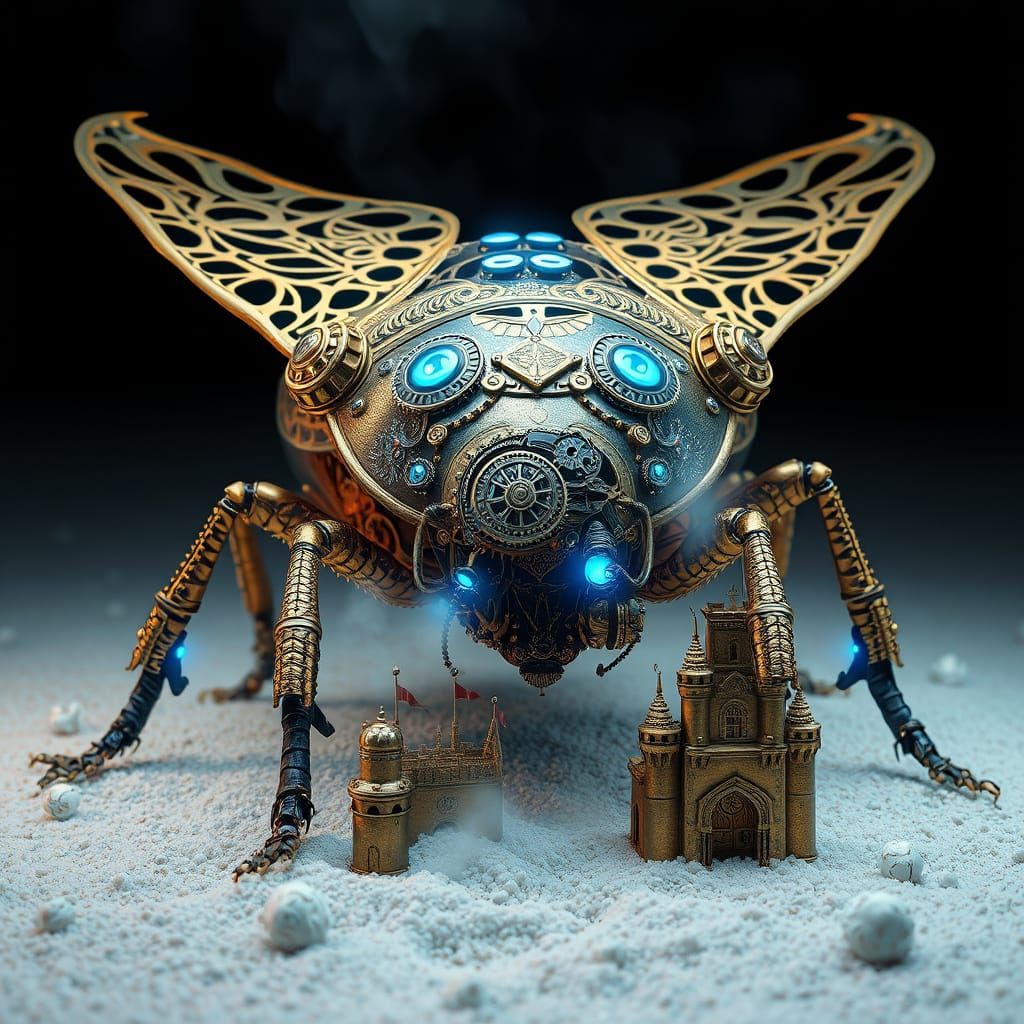 Clockwork Beetle Builds Sandcastles in Hyperrealistic Style