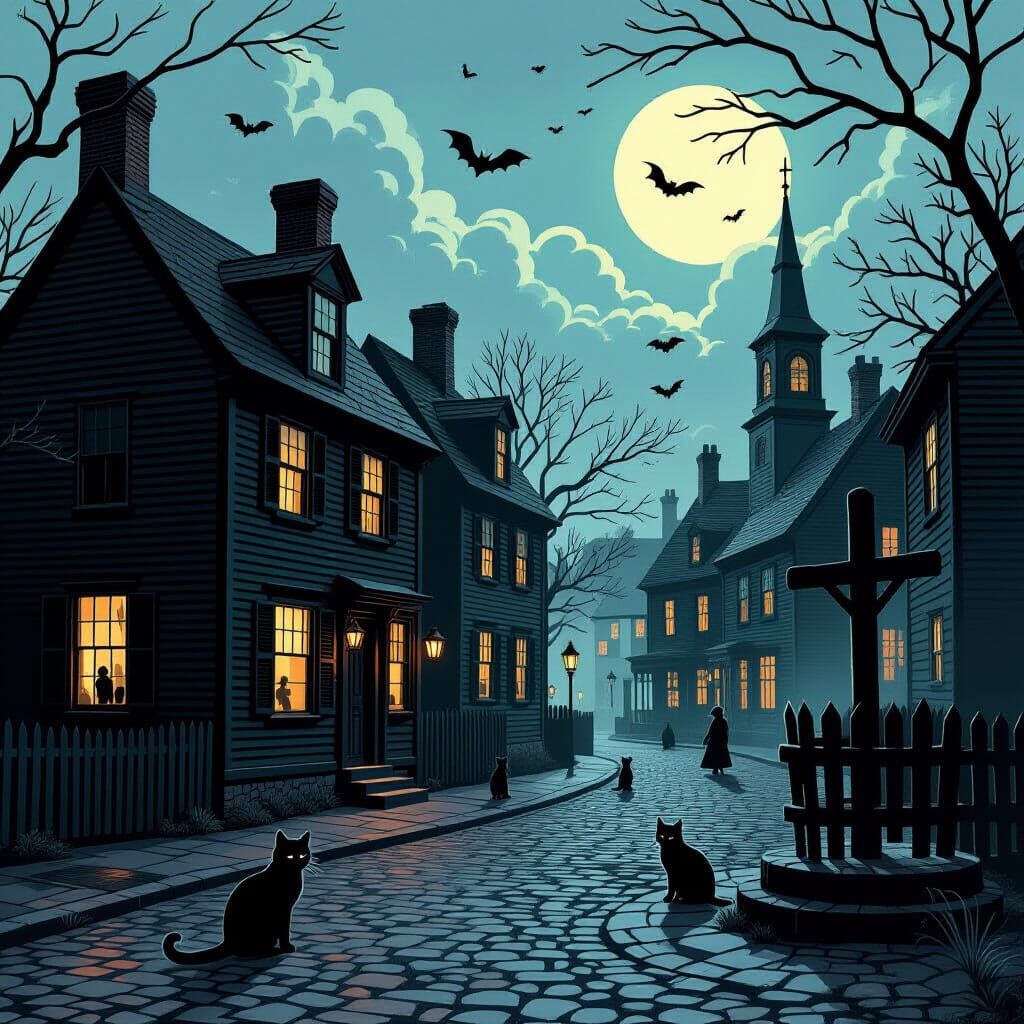 Eerie Apparitions Around Salem Houses in Mystical Style