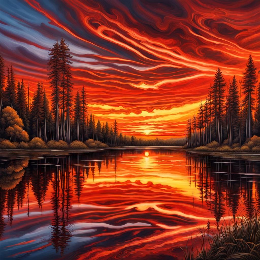 Fiery Sunset Reflection on Lake: Hyperrealistic HDR Image