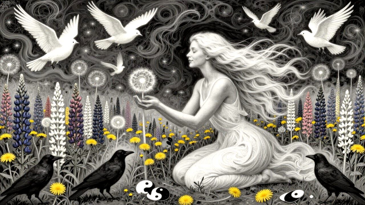 Woman in Lupinus Field, Etching Style