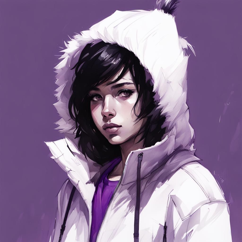 ink portrait, teen in a purple jacket