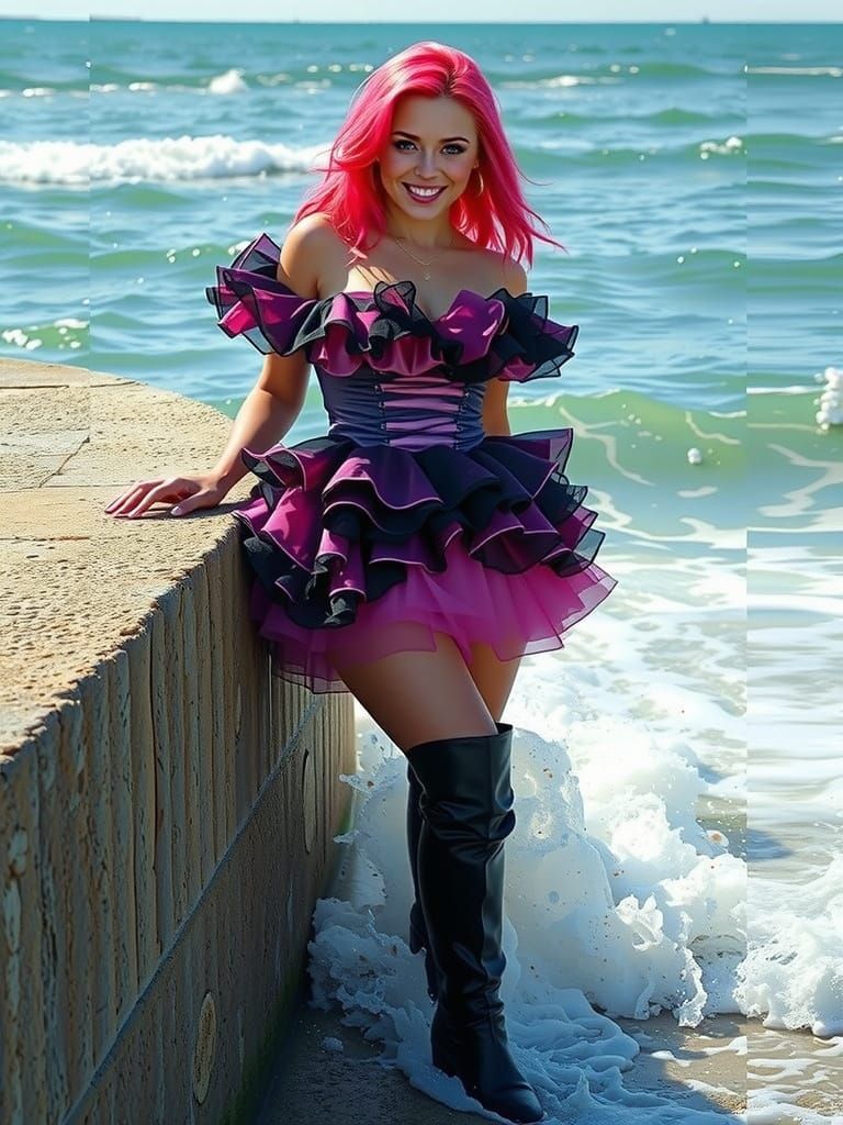 Violet-Eyed Siren Leans Against Sea Wall