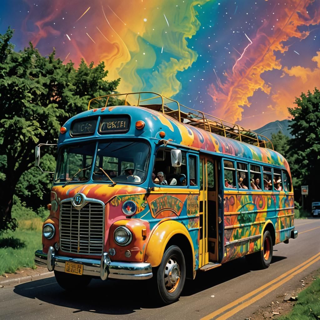 The Further, Ken Kesey’s legendary bus, emerges from a psychedelic haze. Its once-yellow exterior now adorned with wild,...