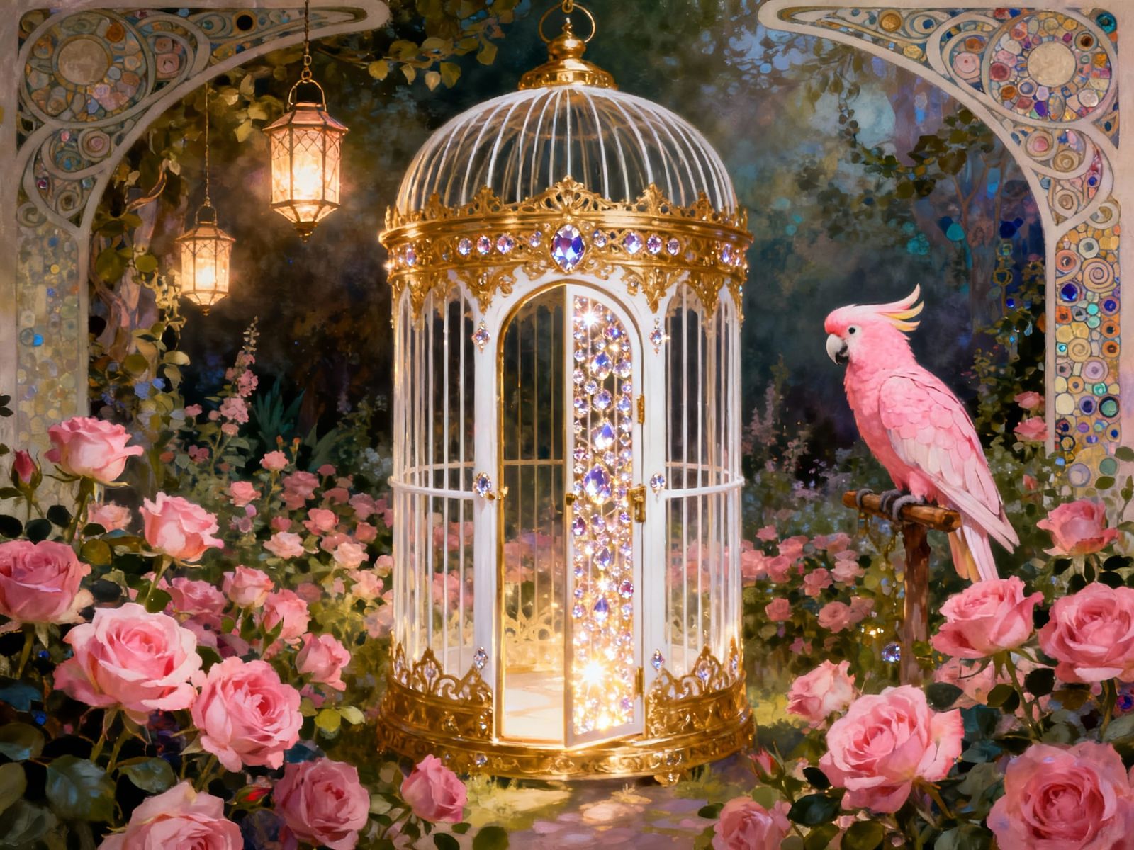 Rose Garden Oasis Inside Ornate Gemstone Bird Cage