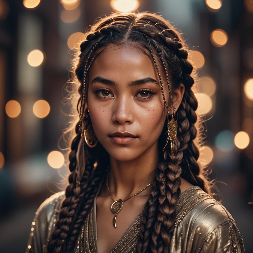 Serene Woman with Long Braids in High-Fashion Portrait