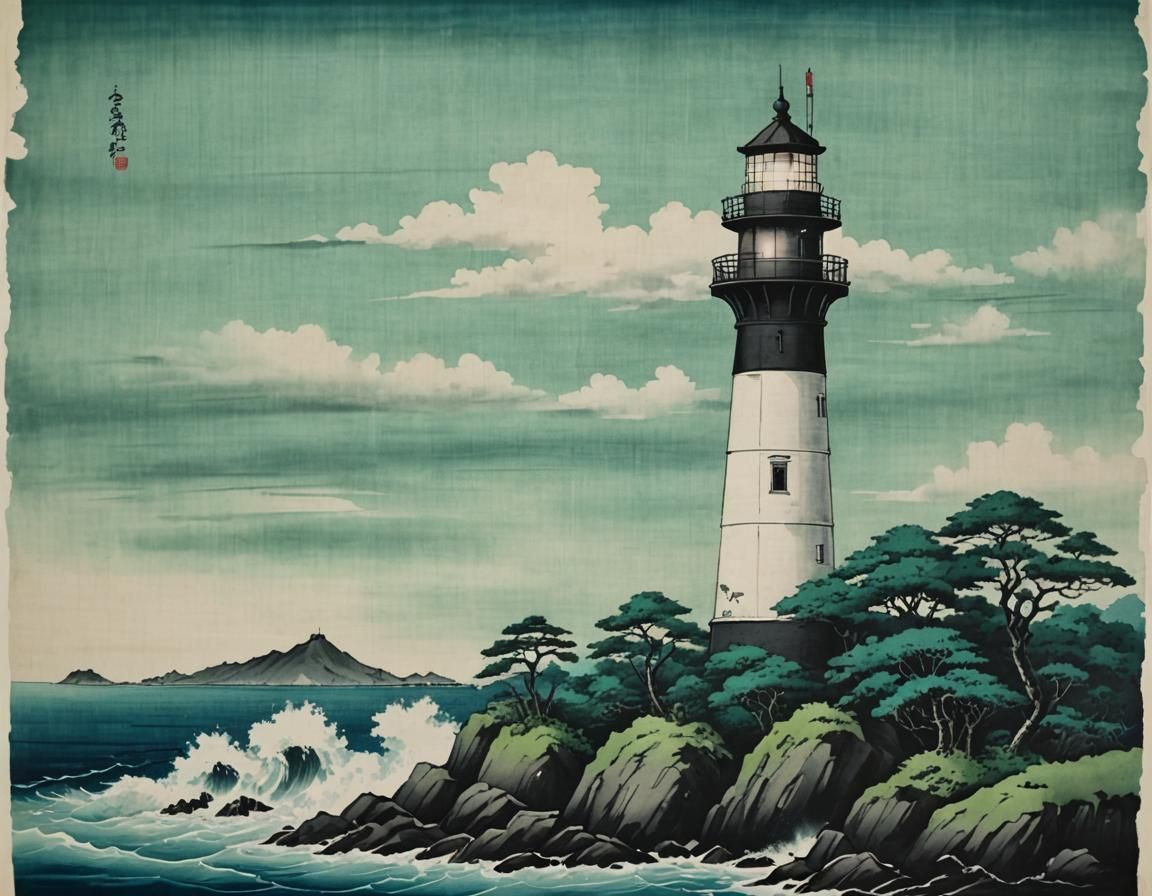 Caribbean Lighthouse in Japanese Scroll Style