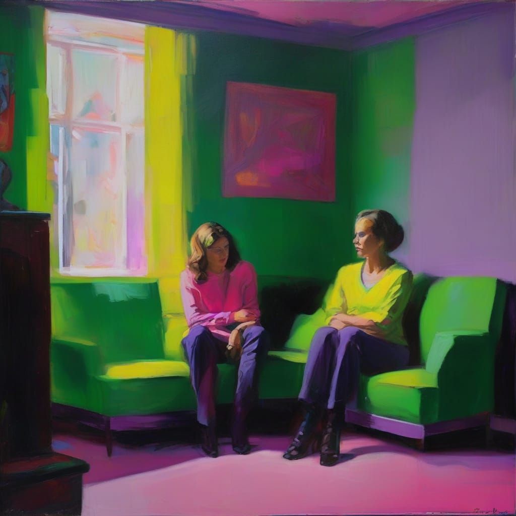 Vibrant Expressionist Painting of Green Man and Purple Girl ...