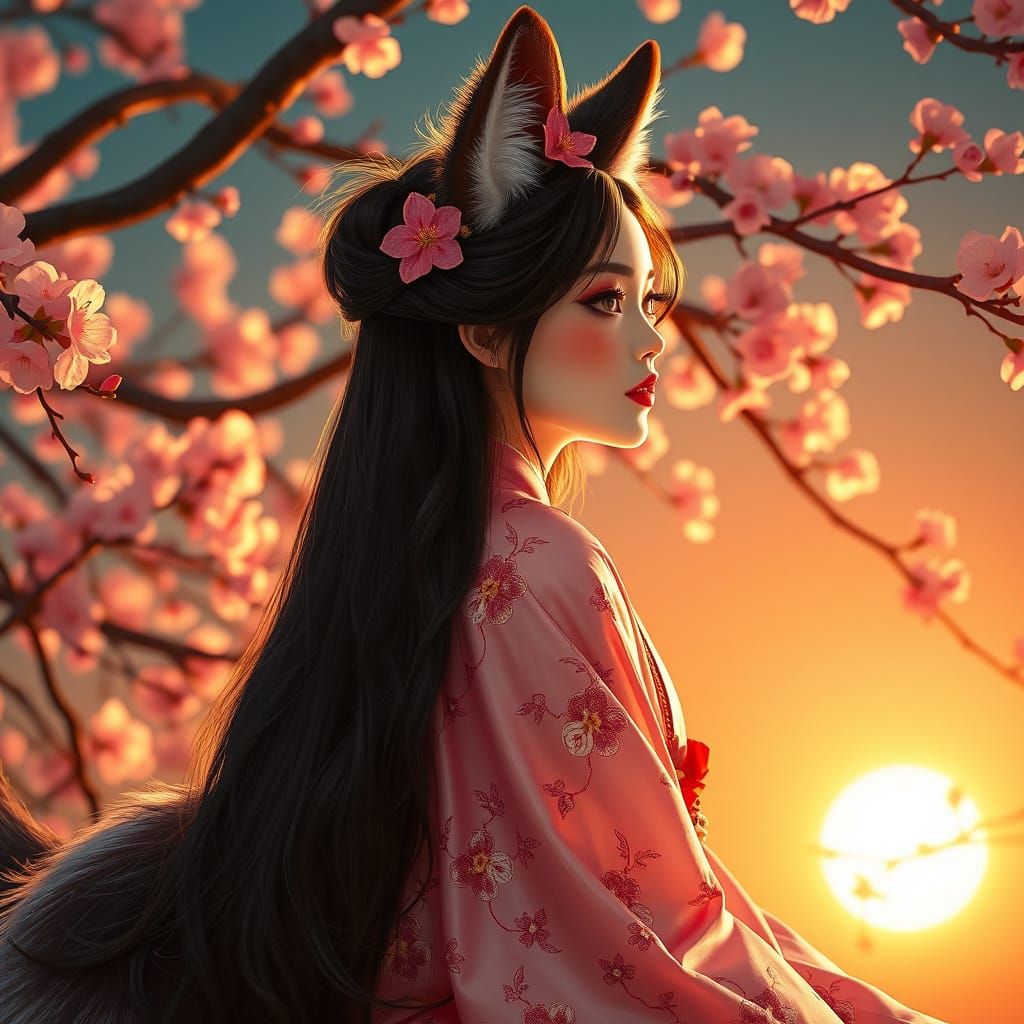Elegant Kitsune Girl in Sakura Bloom