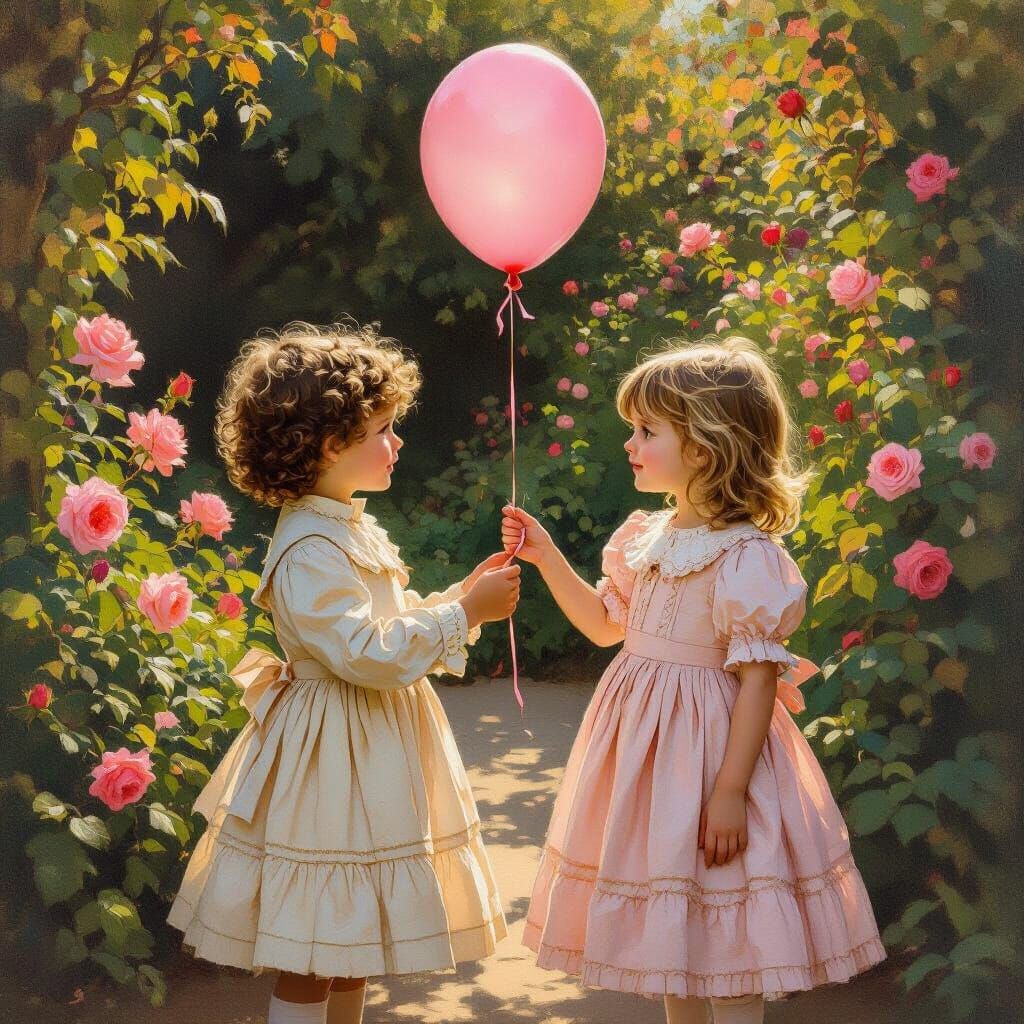 Boys in Edwardian Dresses Share Pink Balloon in Garden