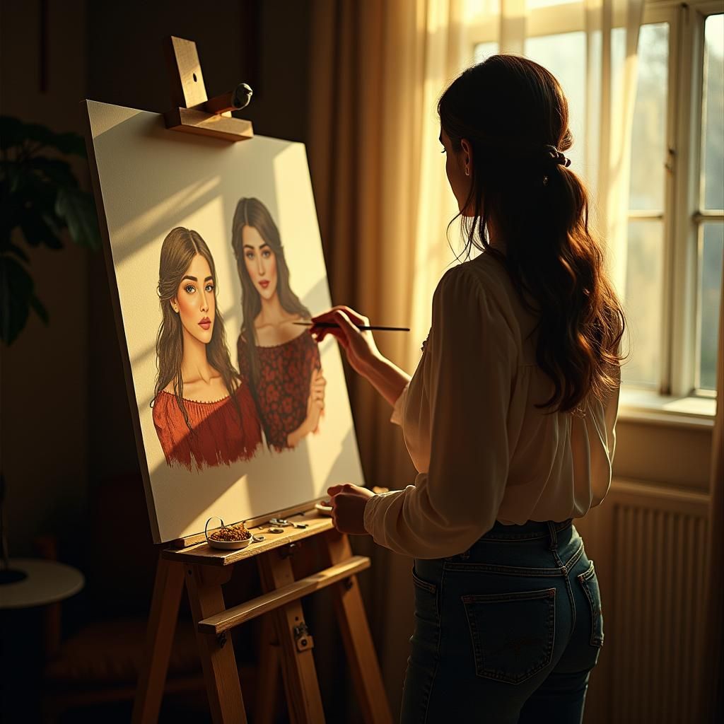 Infinite Reflections: A Woman Painting a Recursive Image