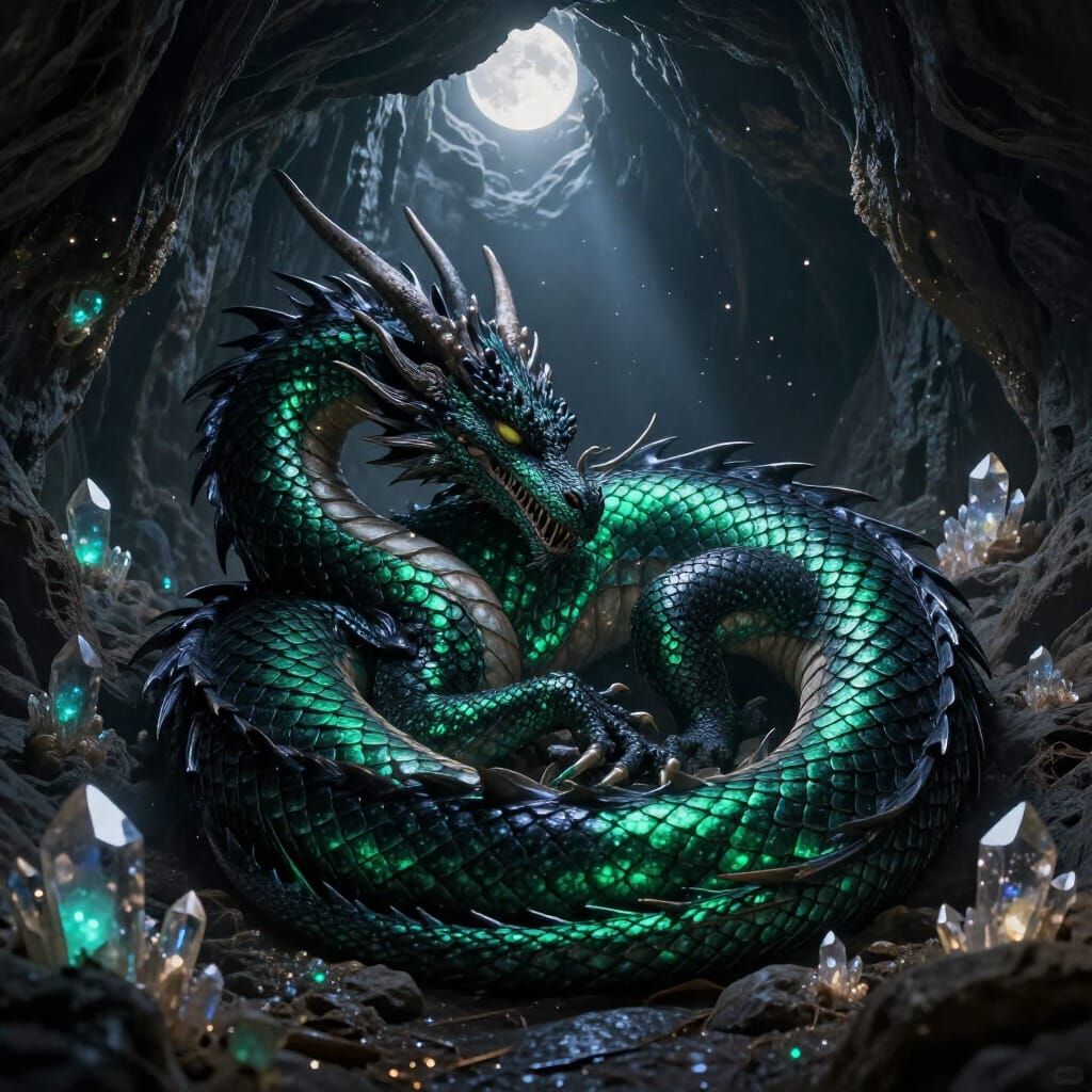 Majestic Dragon Asleep in Crystal Cavern with Moonlight