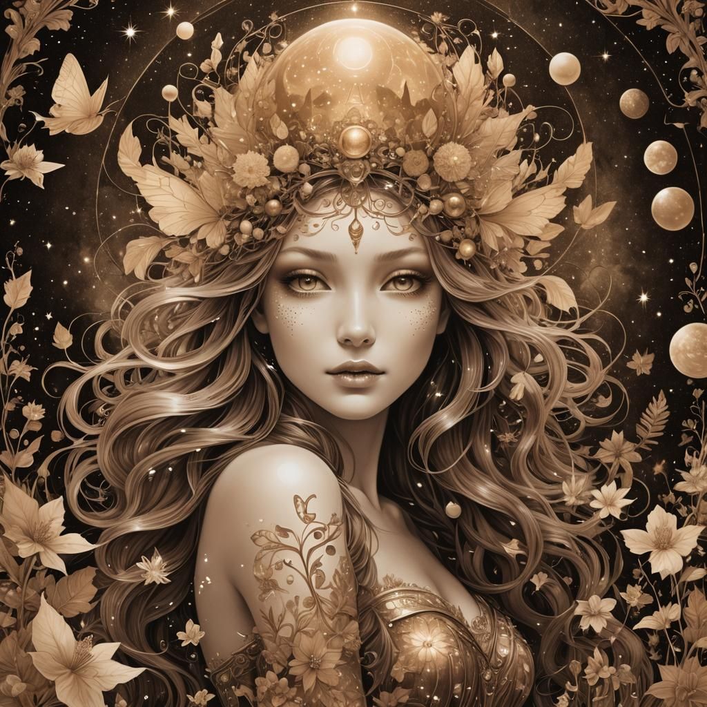 Sepia Nymph in Cosmic Wonderland Illustration