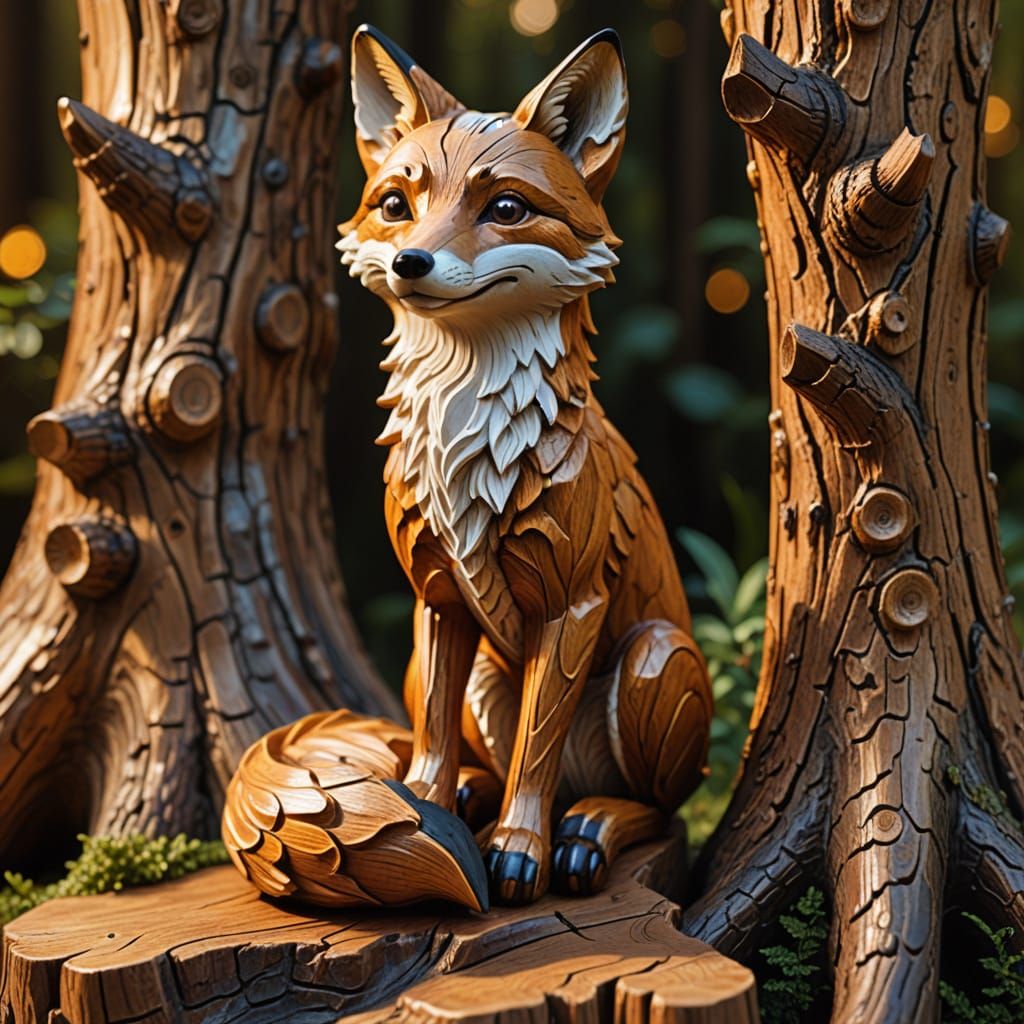 Intricate Wood Carving of Fox on Tree Stump