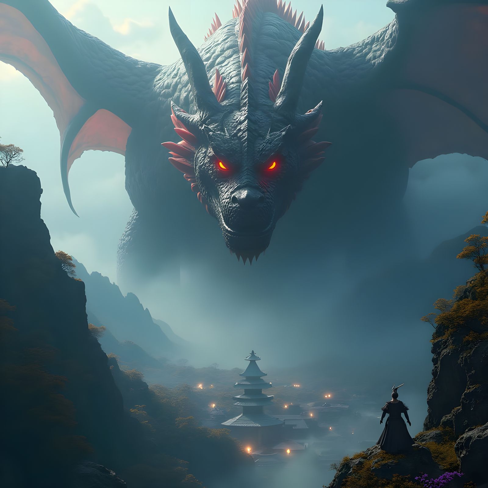Samurai Dragon on Dark Mountain: Greg Rutkowski Style