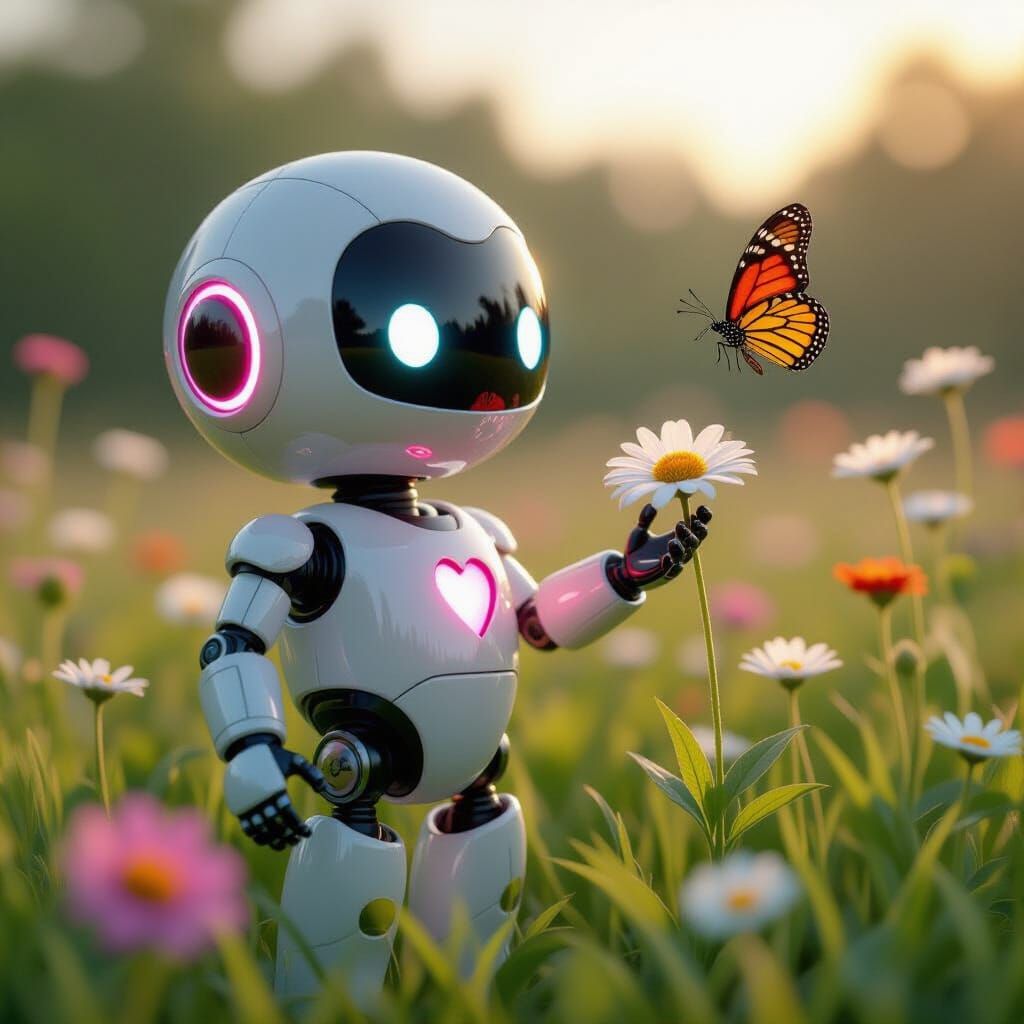 Robot in Wildflower Field, Anime Style