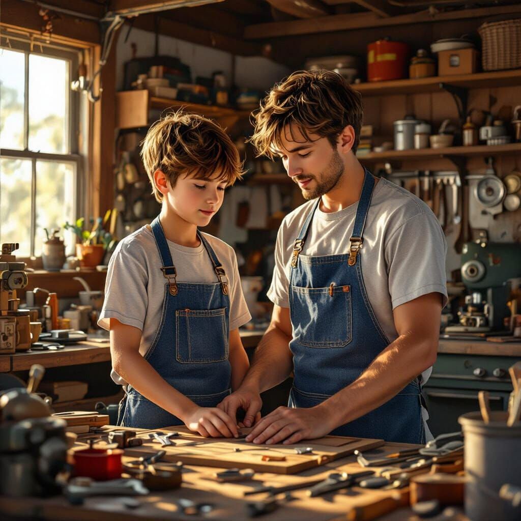 Boy Assists Dad in Detailed Garage Scene
