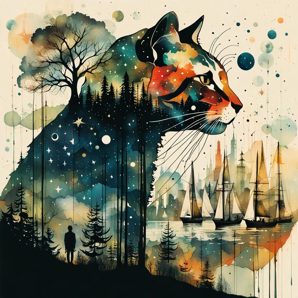 Galaxy Meets World: Double Exposure Cat Art