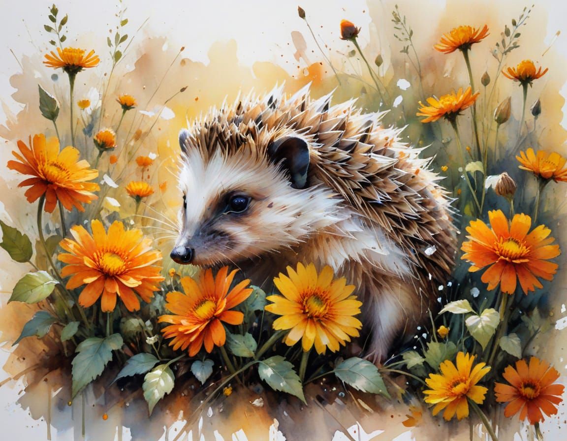 Impressionistic Watercolor Hedgehog Among Marigolds