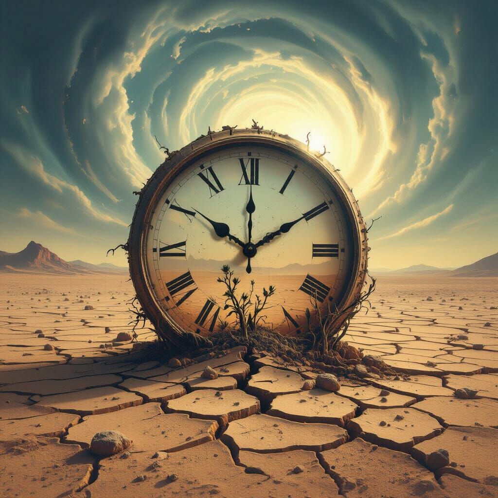 Surreal Melting Clock in Alien Desert Landscape