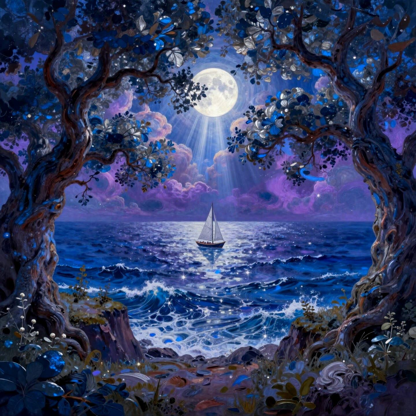 Cosmic Sea Sailboat Under Magical Moonlight