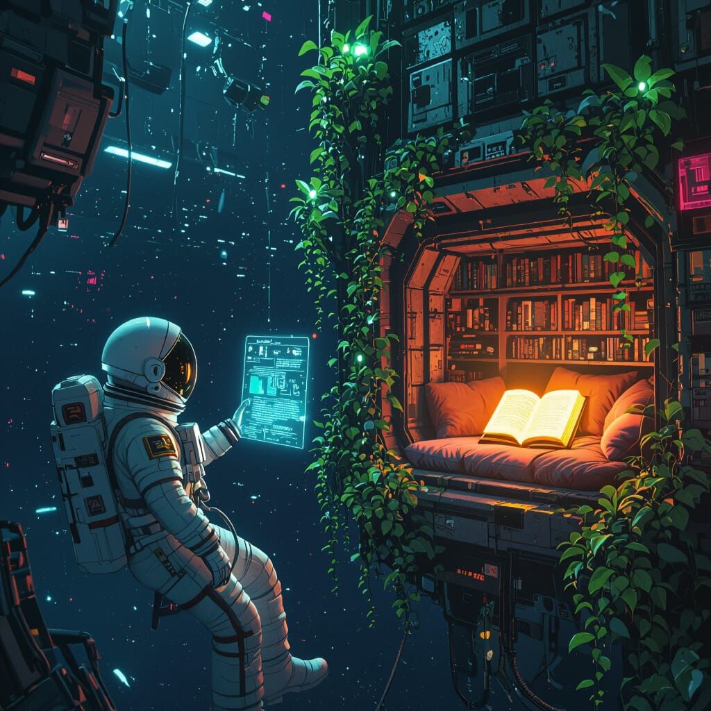 Astronaut Drifting Among Bioluminescent Alien Flora