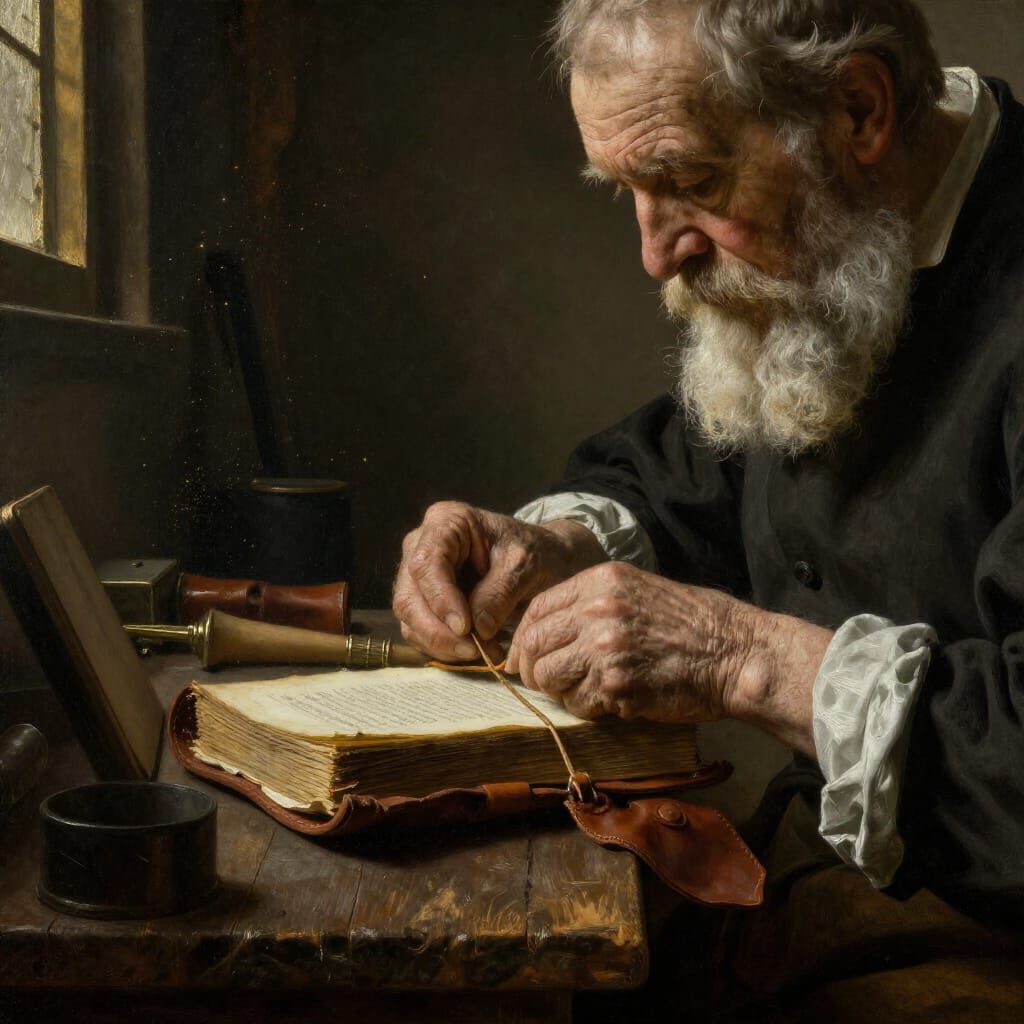 Elderly Craftsman Binding Book in Dramatic Oil Painting Styl...