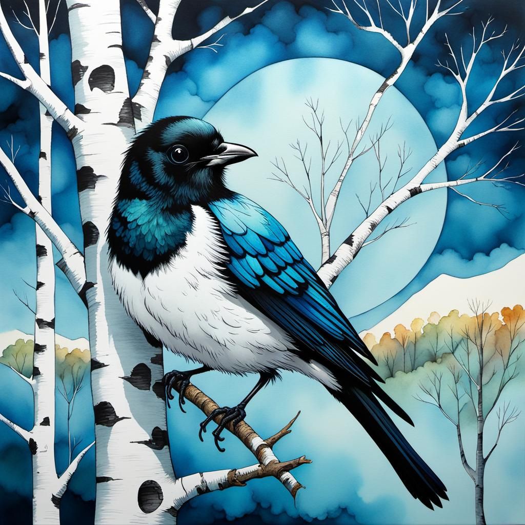 Beautiful fluffy baby magpie in a silver birch tree with rol...