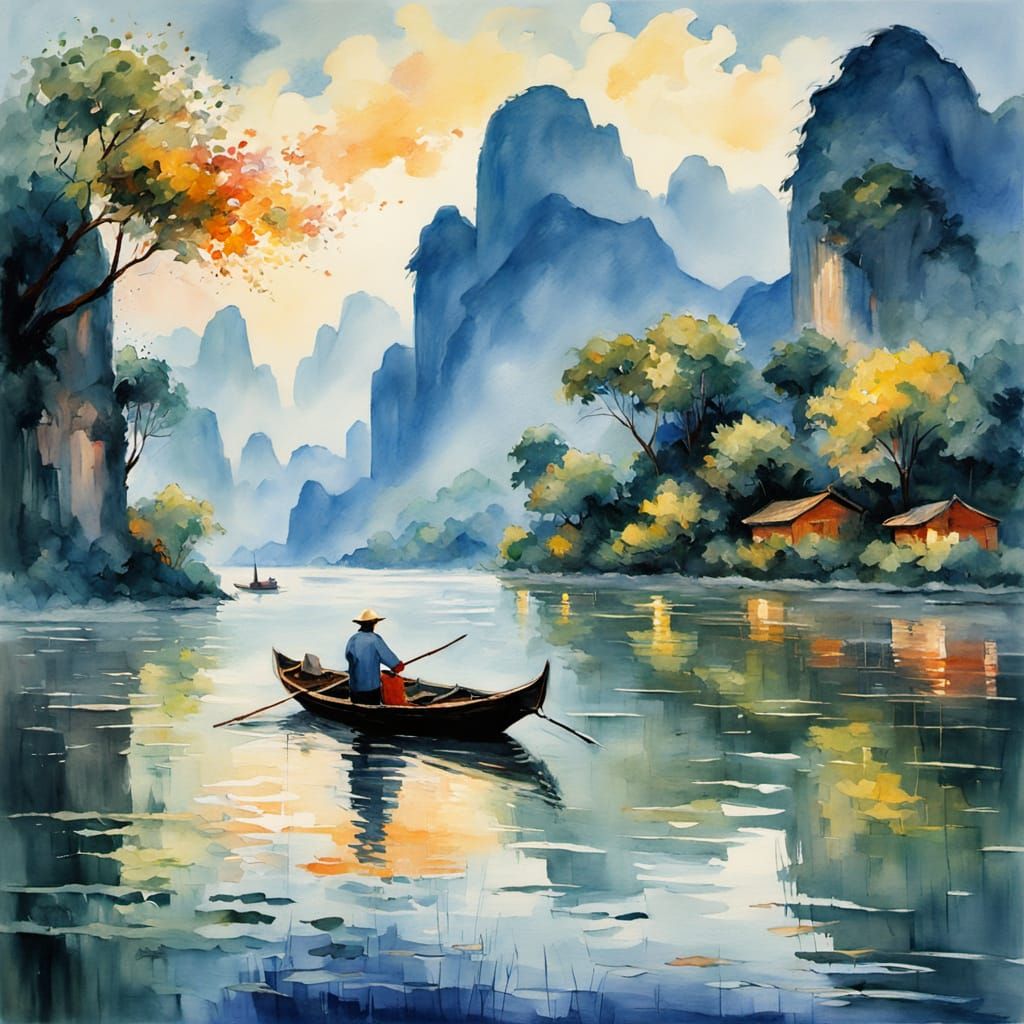 Dramatic Li River Landscape in Impressionist Style