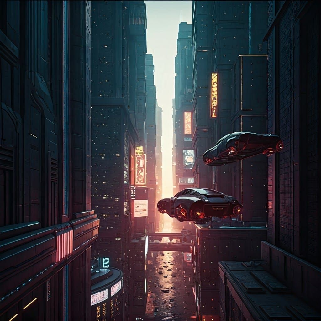 Futuristic Neon Cityscape with Flying Cars in 3D