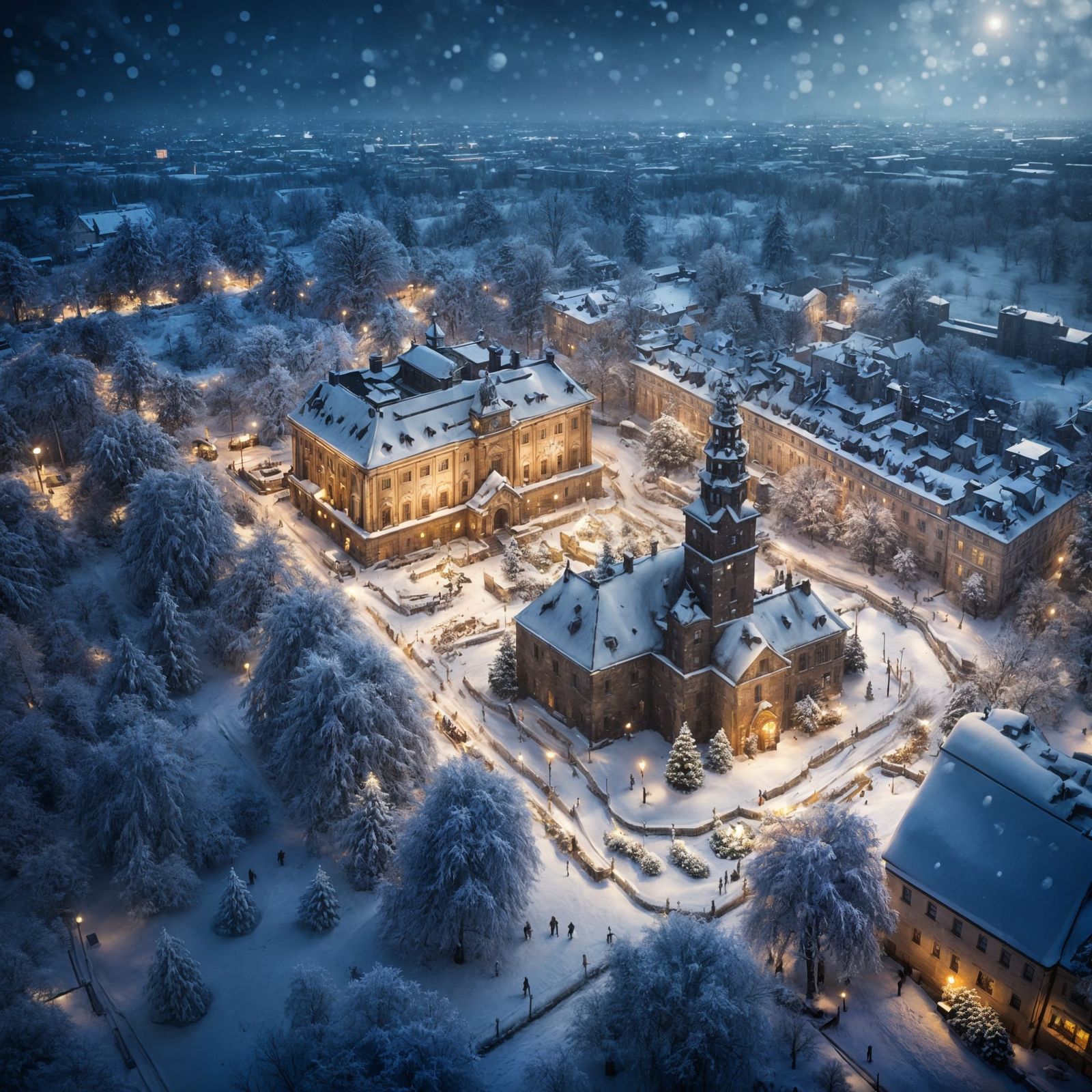 Krakow Covered in Snow at Night, Christmas Tree