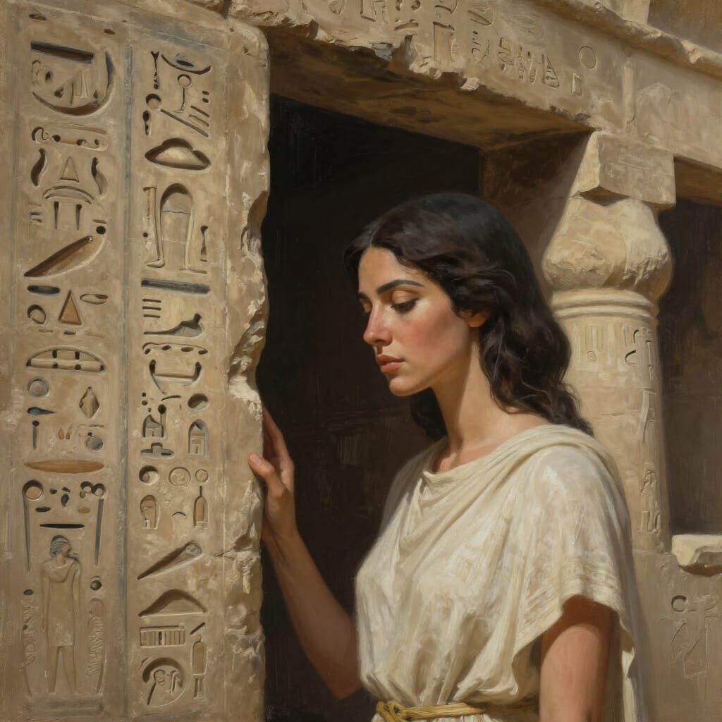 Woman Pauses at Ancient Egyptian Temple Entrance