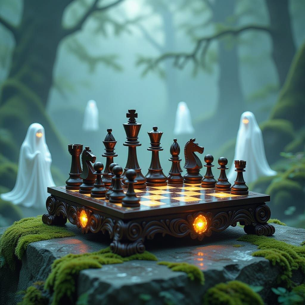 Mystical Chess Set in Ancient Forest, Impressionistic Style