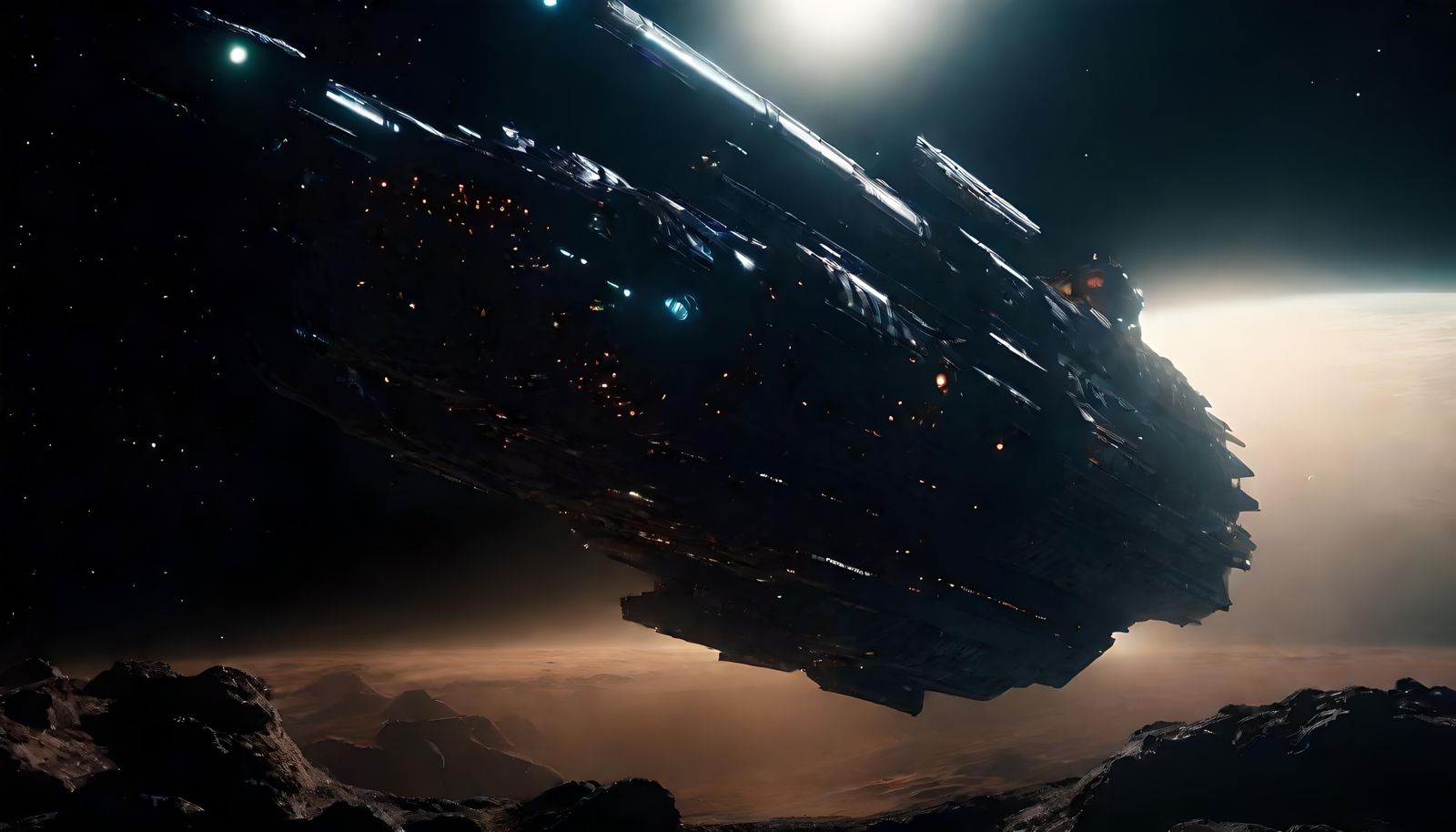 a heavily armed space vessel going through a portal to anoth...