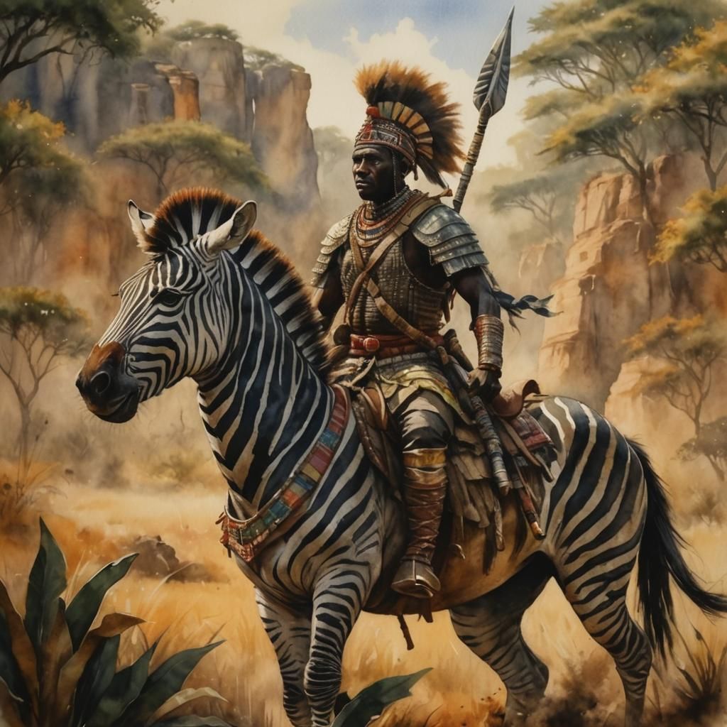 Zebra Rider African Warrior Watercolor Masterpiece