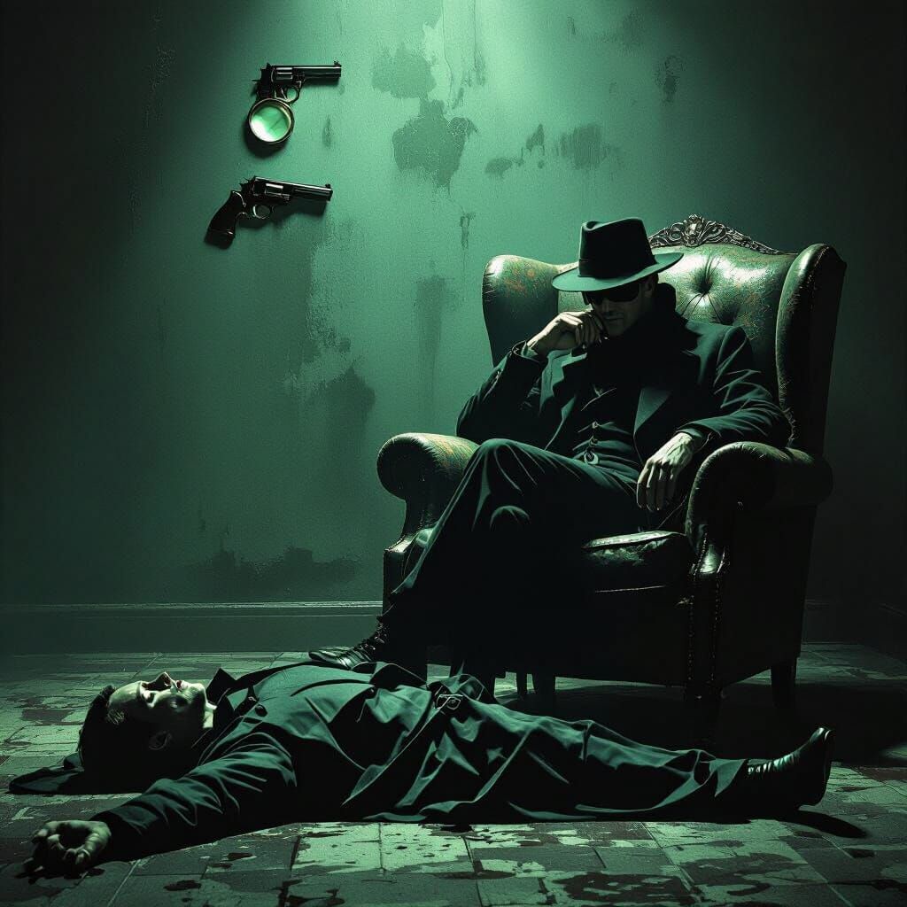 Film Noir Detective Scene with Green Background