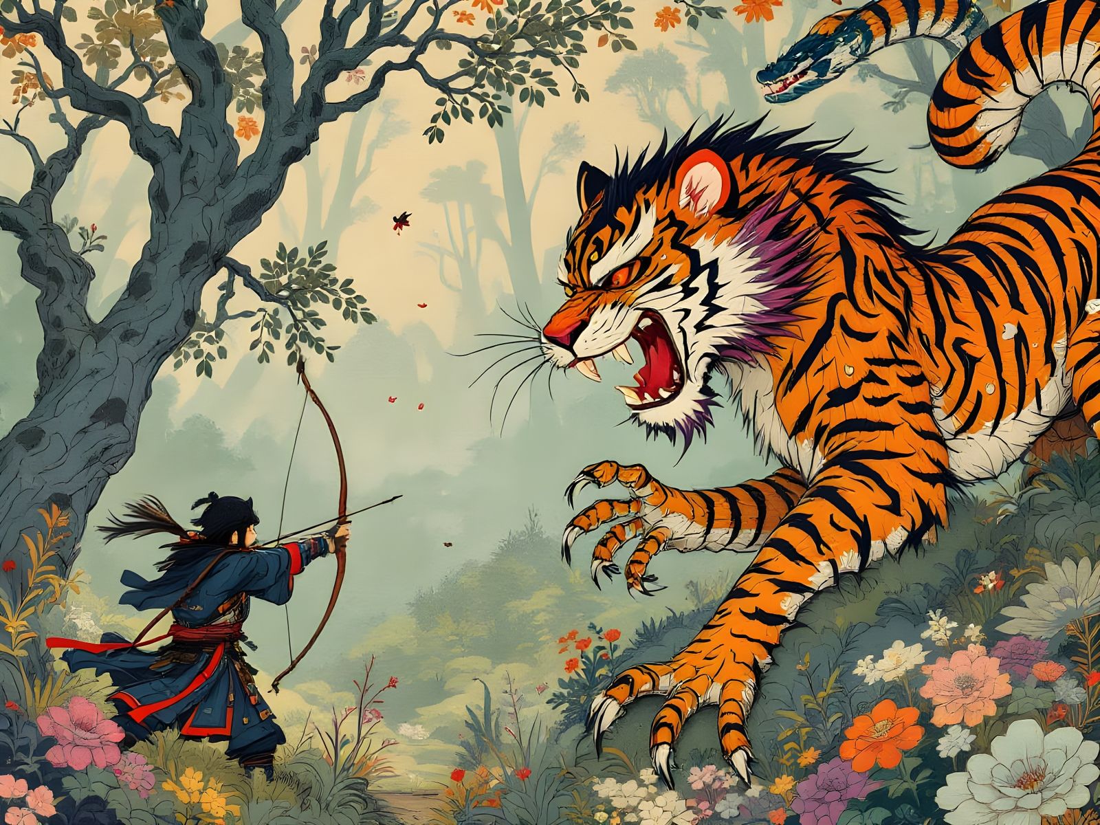 Samurai Hunts Mythical Nue in Whimsical Forest