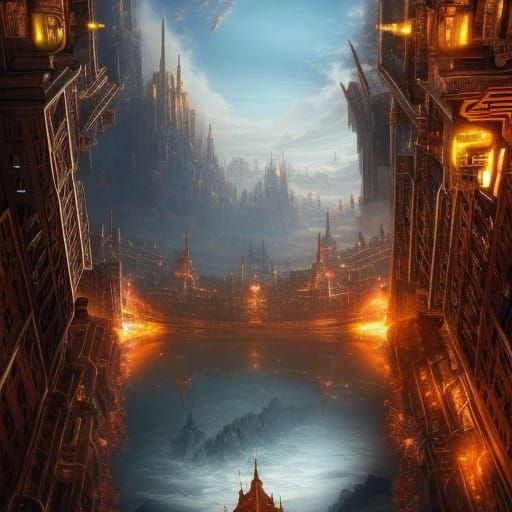 Epic Floating City with Mythological Creatures