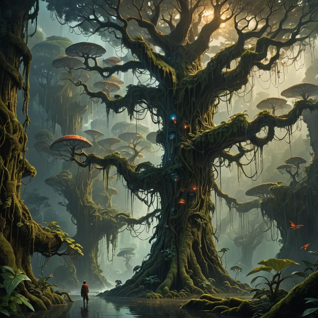 Ancient Tree in Rainforest: Dark Surrealism