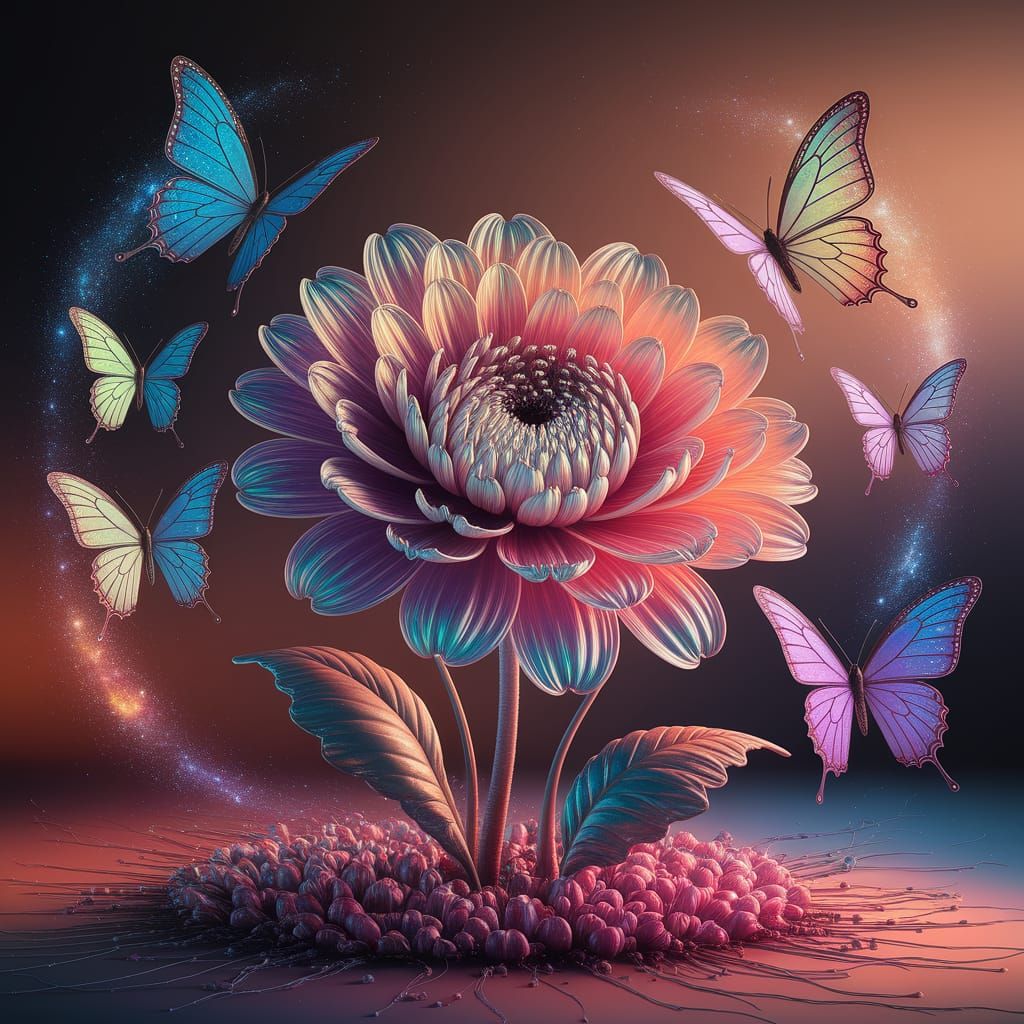Cosmic Butterflies Encircling an Acrylic Flower