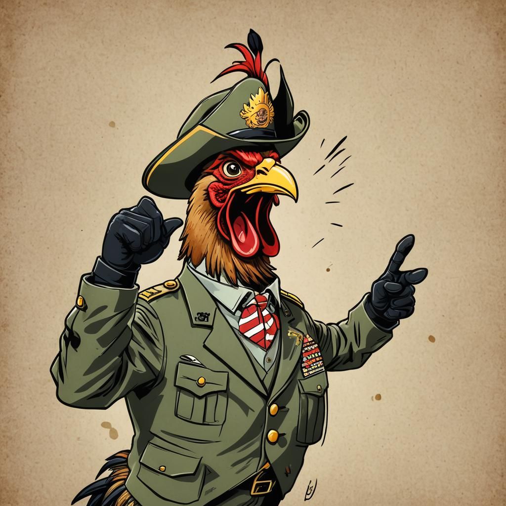 Cartoon Rooster Drill Sergeant Screaming