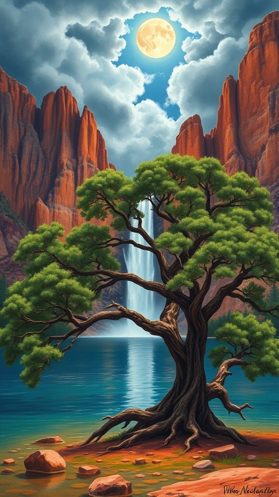 Majestic Waterfall Amidst Vibrant Red Rock Formations and a ...