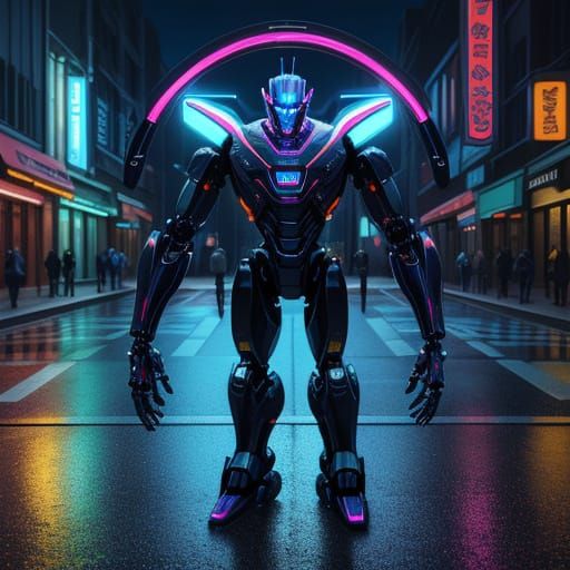 Futuristic Robot in Neon City, Digital Concept Art