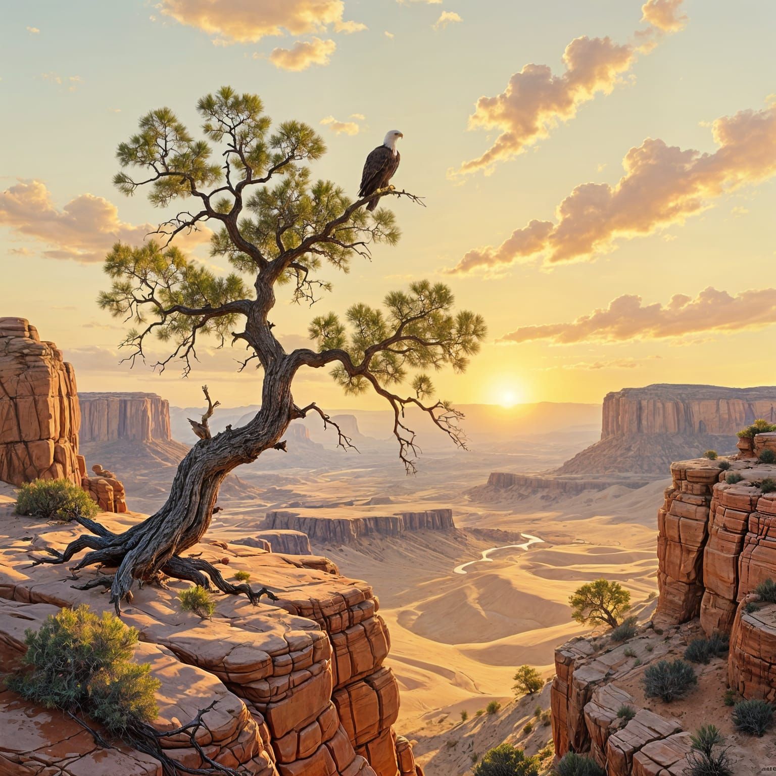 Eagle Perched on Desert Ledge Tree
