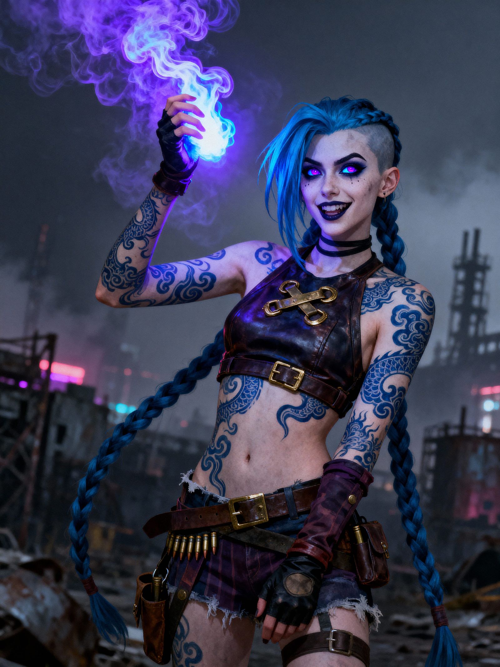 Dark Fantasy Portrait of a Mischievous Woman with Blue Hair